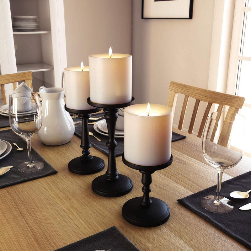 HB Design Co. Matte Black Candle Holders Set of 3 - Metal Candle Holders for Pillar Candles - 3 Pillar Candle Holder Centerpiece - Pillar Candle Holders for Table - Black Candle Holder Set Candle Stands Decorative - Image 5